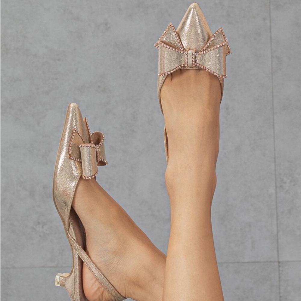 New Metallic Rhinestone & Bow Decor Point Toe Heeled Slingback Pumps